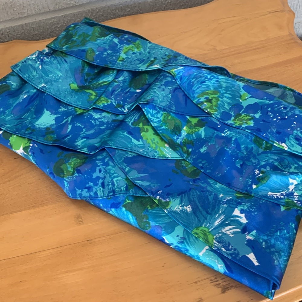 London Times Blue and Green Satin Tiered Sleeveless Cocktail Dress 6 Petite EUC - Picture 12 of 12